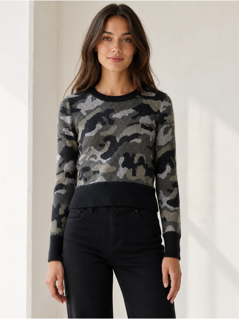 NAADAM Camo Crewneck Knit Sweater Gray Green Black XS Cashmere